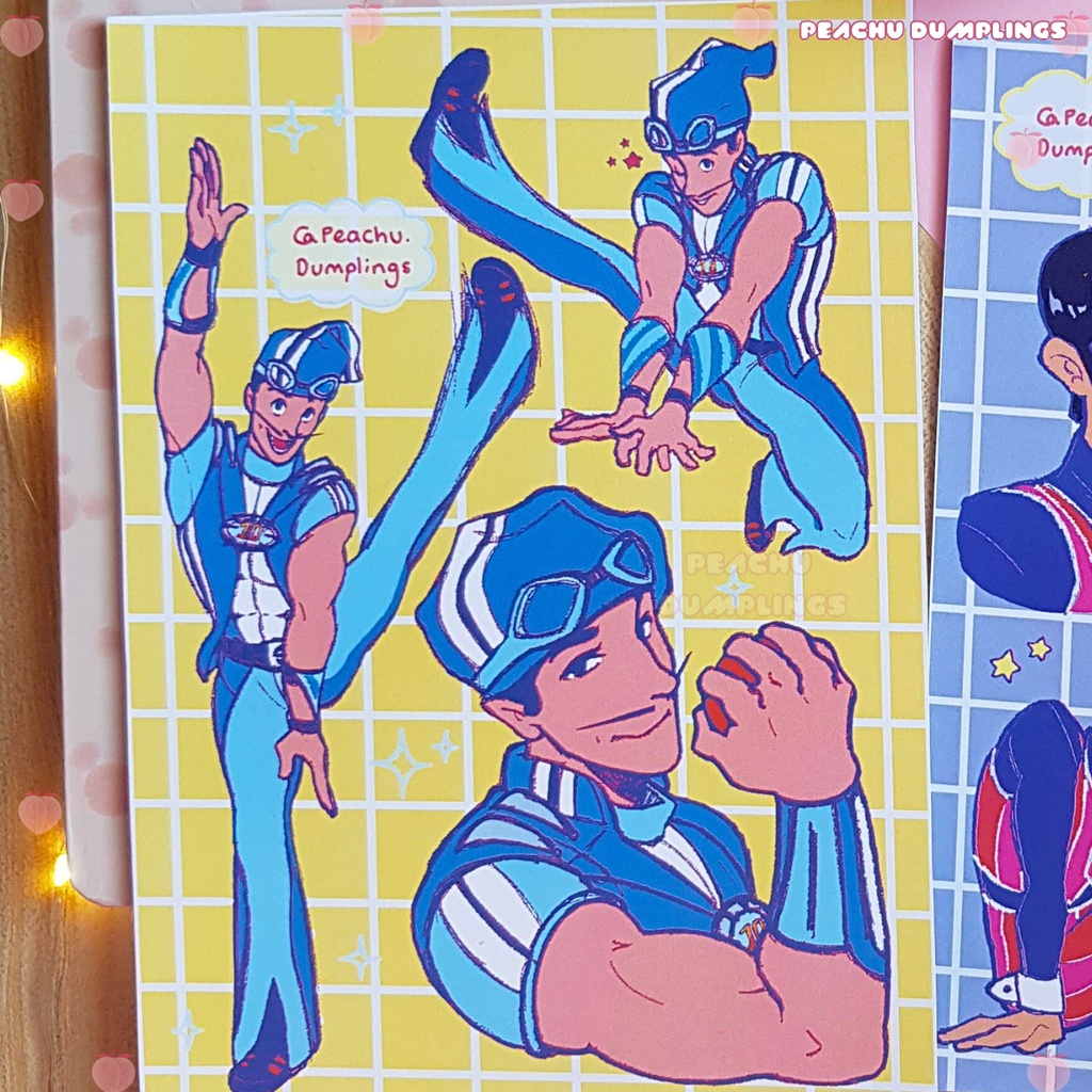 Cartoon character in blue and white outfit on a yellow checkered background
