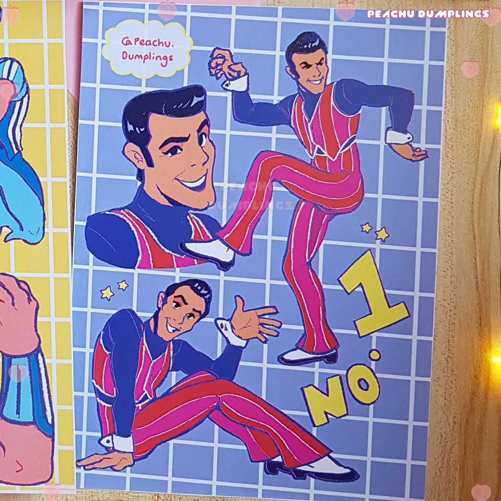 Cartoon illustration of two characters in colorful retro suits on a purple grid background with '1 NO!' text.