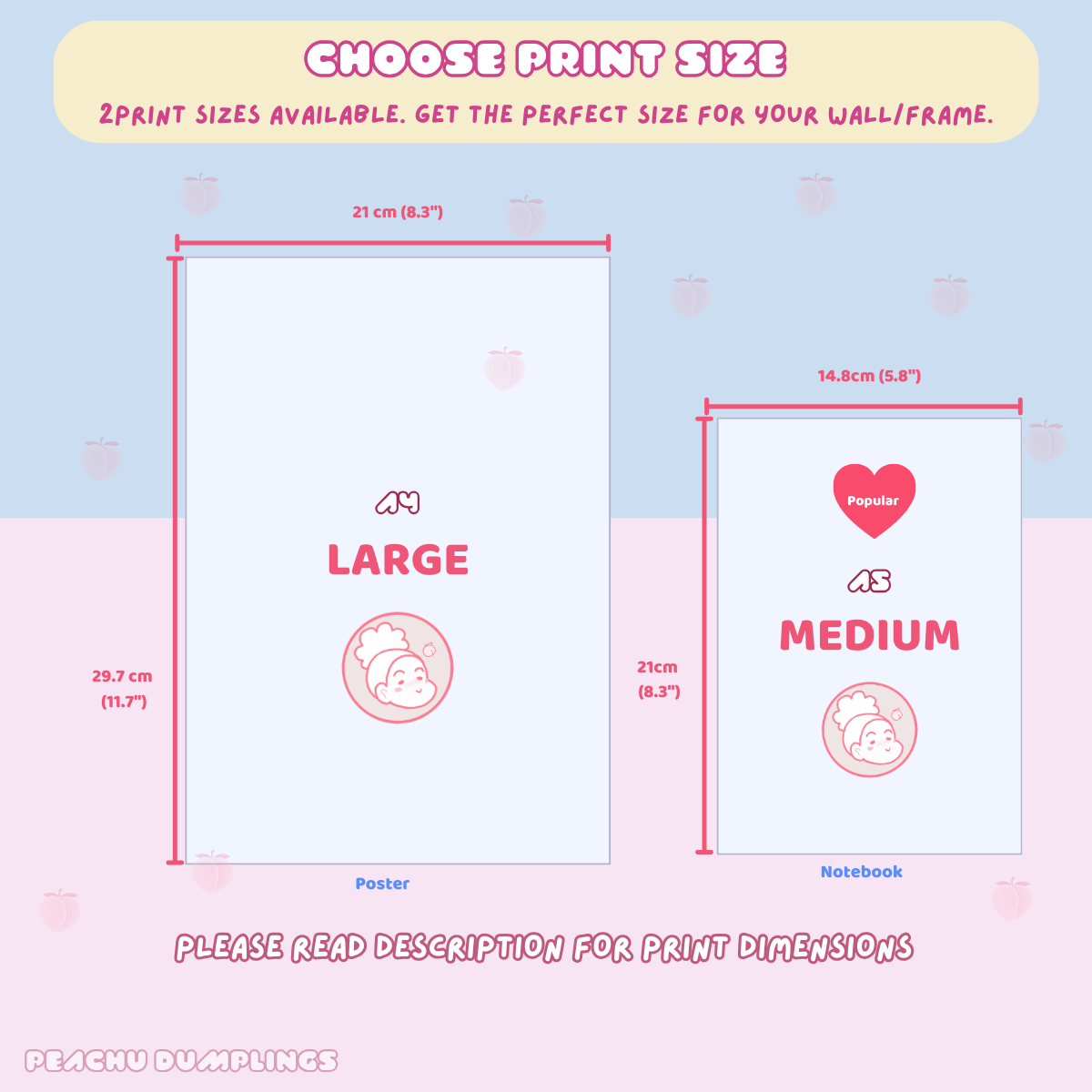 Size chart for posters and notebooks with dimensions and heart illustrations.