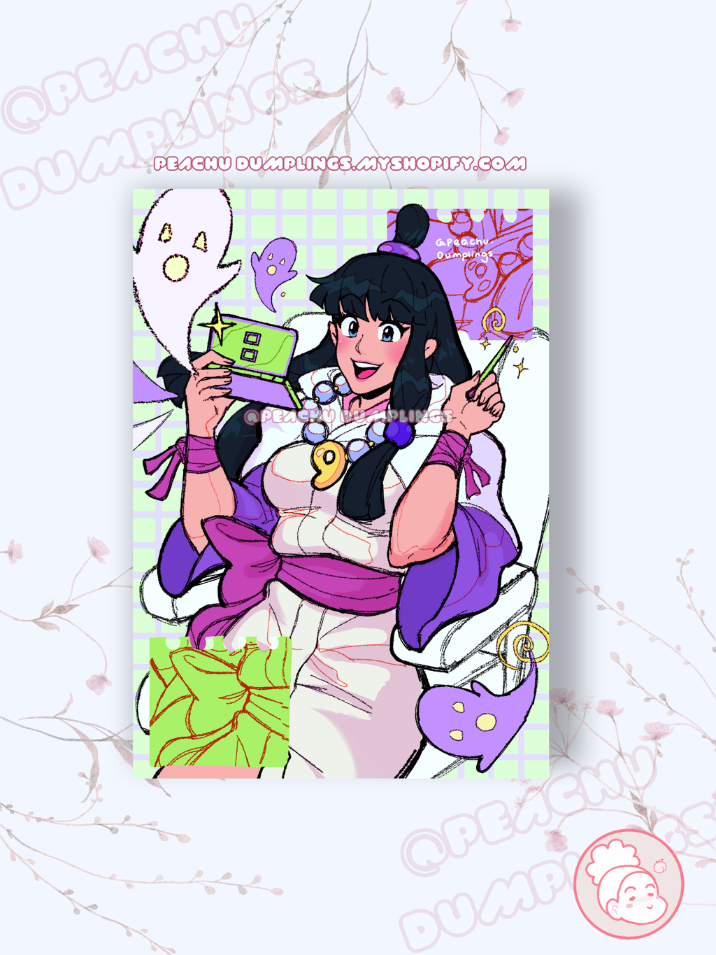 illustration of cartoon girl on a white, green and purple gridded background