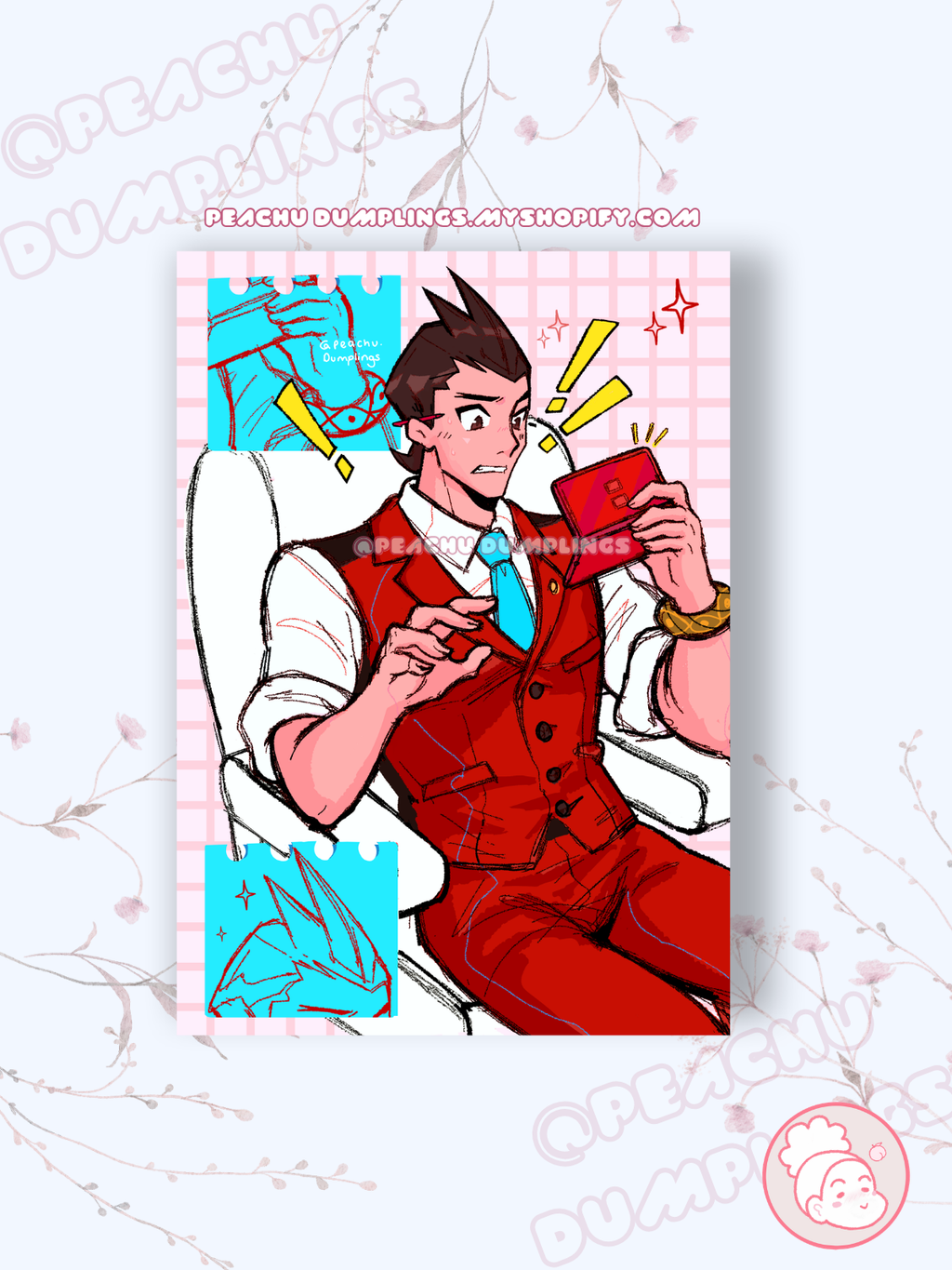 character holding an orange console on a decorative background