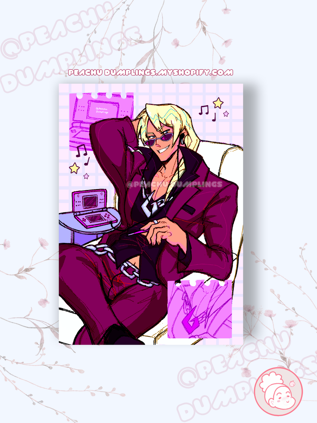 illustration of a character in a purple suit in front of a gridded pink background 
