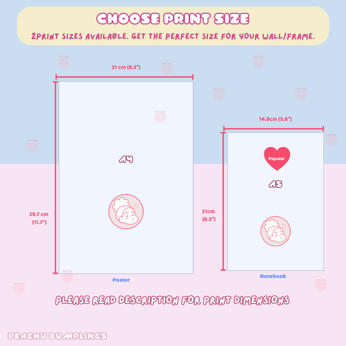 Illustration of poster and notebook dimensions with heart and baby illustrations on a light blue background.