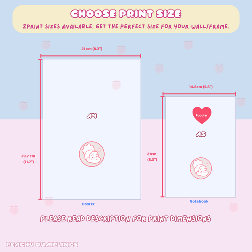 Illustration of poster and notebook dimensions with heart and baby illustrations on a light blue background.